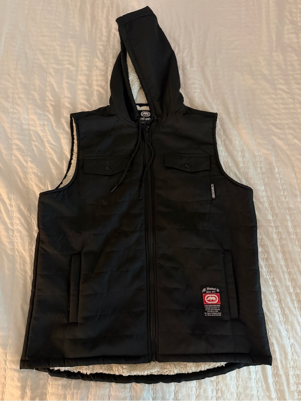 Ecko Unlimited Black Quilted Hooded Vest with Sherpa Trim